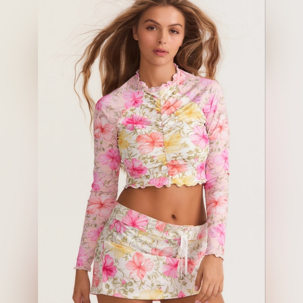 LoveShackFancy X Hurley Floral Hibiscus Boardie Mini Swim Skirt NWT Size S Boho